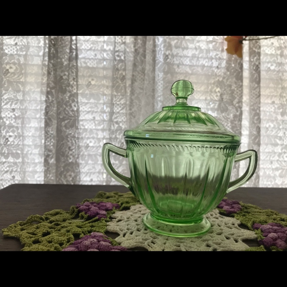 Vintage Green Depression Sugar Bowl with Lid